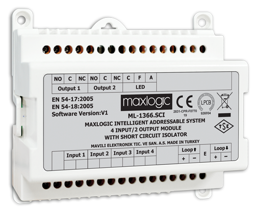 Mavili Maxlogic ML-1366.SCI Akıllı Adresli Sistem 4/2 I/O Modülü (4 Giriş / 2 Çıkış), Kısa Devre İzolatörlü